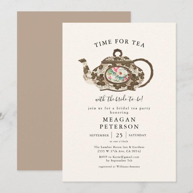Invitación Elegante fiesta nupcial de ducha de té (Anverso / Reverso)