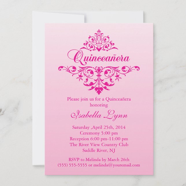 Invitación Elegante Fiesta Ombre Rosa Quinceañera (Anverso)