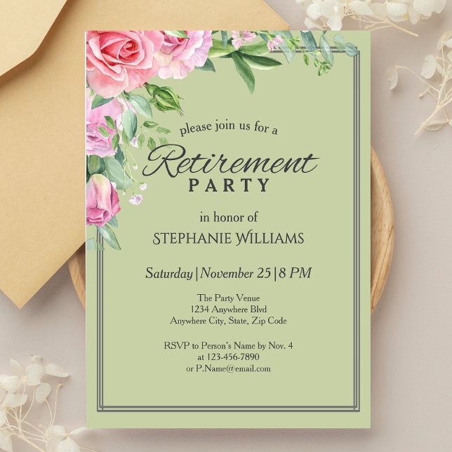 Invitación Elegante Fiesta Pastel Green Flower Retirement (Subido por el creador)
