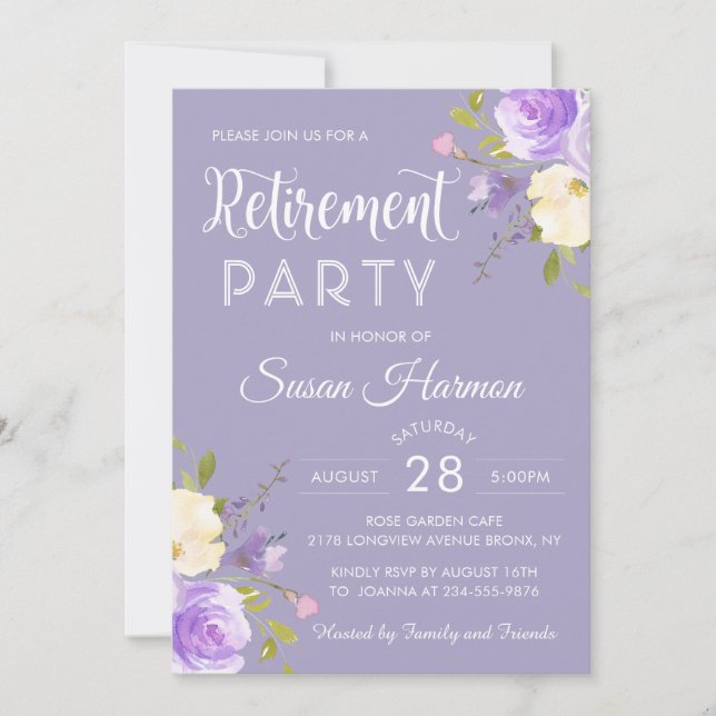 Invitación Elegante Fiesta Pastel Purple Floral de Jubilación (Anverso)