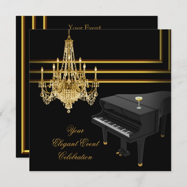 Invitación Elegante Fiesta Piano Candelabro de oro Champagne (Anverso / Reverso)