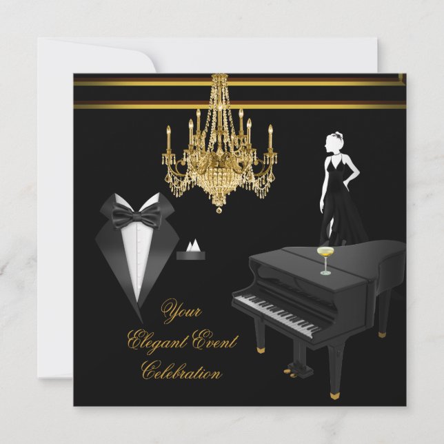 Invitación Elegante Fiesta Piano Candelabro de oro Champagne (Anverso)