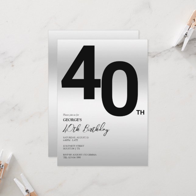 Invitación Elegante Fiesta plateado 40 cumpleaños (Anverso/Reverso In Situ)