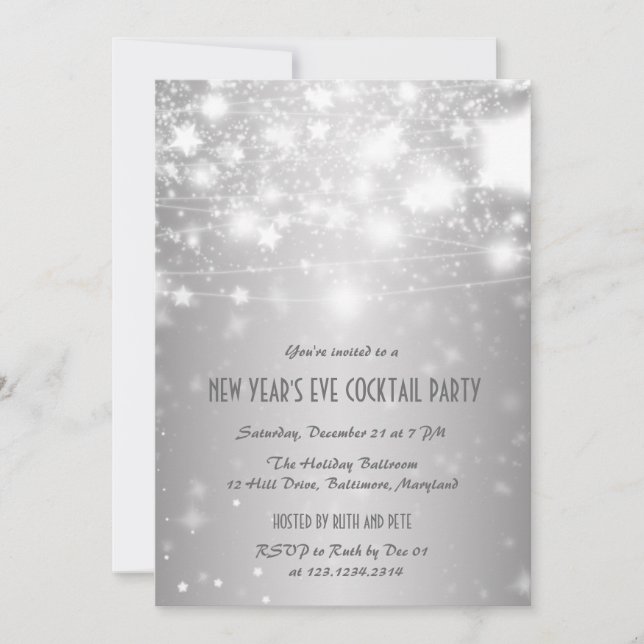 Invitación Elegante Fiesta plateado de Año Nuevo Estrellas br (Anverso)