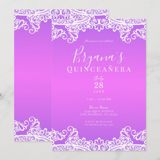 Invitación Elegante Fiesta Quinceañera de encaje blanco morad (Anverso / Reverso)