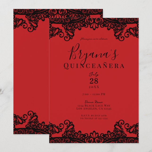Invitación Elegante Fiesta Quinceañera de encaje rojo y negro (Anverso / Reverso)