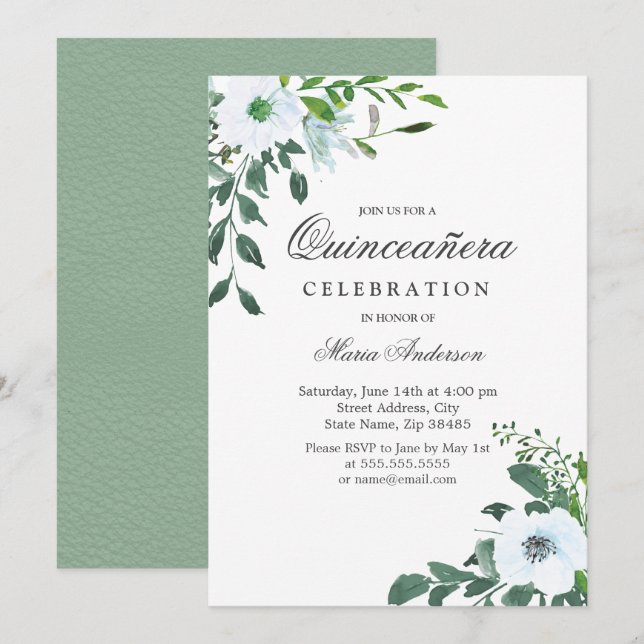 Invitación Elegante Fiesta Quinceanera de Flor Blanca (Anverso / Reverso)