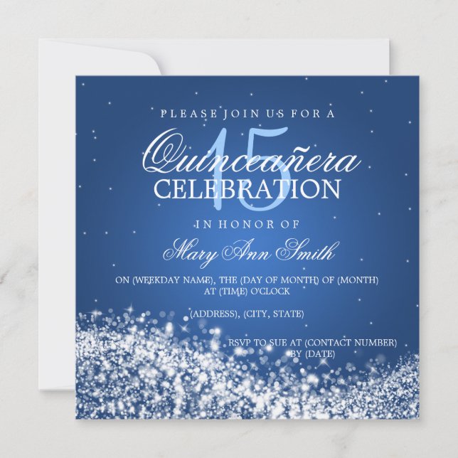 Invitación Elegante Fiesta Quinceanera Onda espumosa 2 Azul (Anverso)