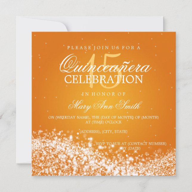Invitación Elegante Fiesta Quinceanera Onda espumosa 2 Naranj (Anverso)