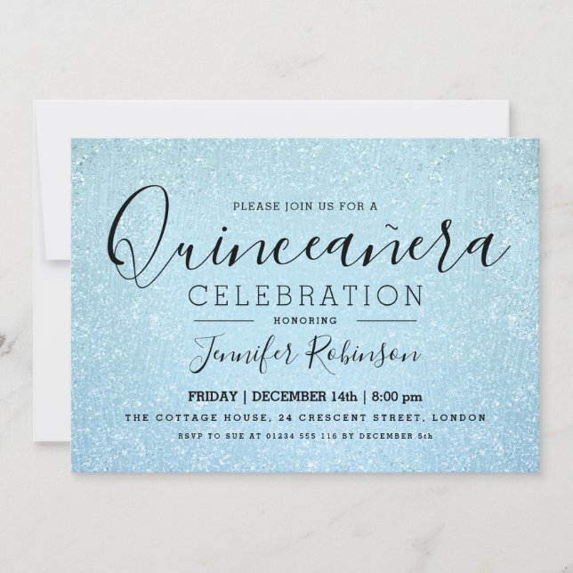 Invitación Elegante Fiesta Quinceanera Purpurina azul aspecto (Anverso)