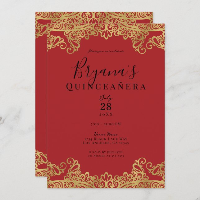 Invitación Elegante Fiesta Quinceañera Red & Gold Lace (Anverso / Reverso)