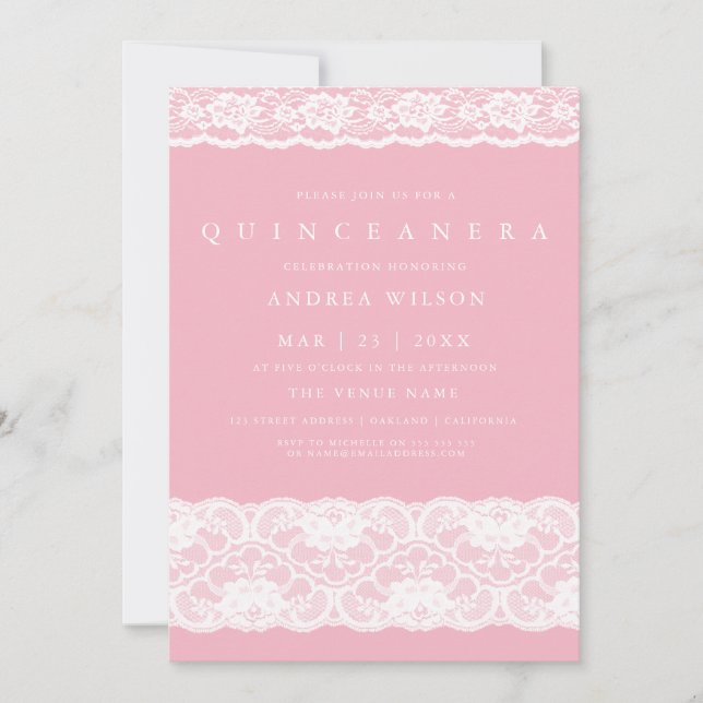 Invitación Elegante Fiesta Quinceanera Rosa Blanco Lace (Anverso)
