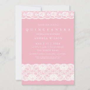 Invitación Elegante Fiesta Quinceanera Rosa Blanco Lace