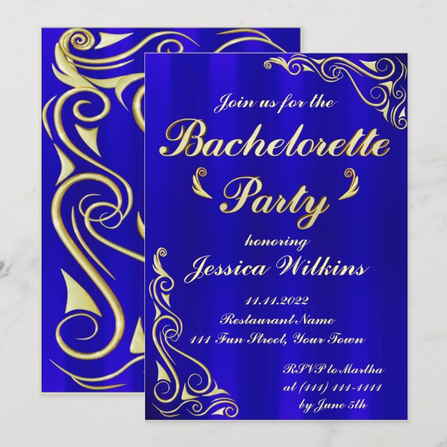 Invitación Elegante Fiesta Real de Bachelor Azul (Anverso / Reverso)