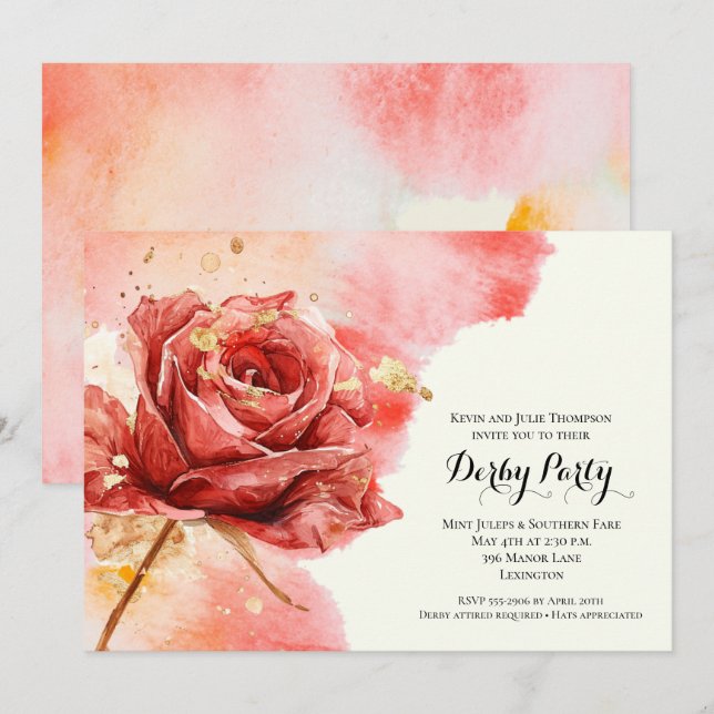 Invitación Elegante Fiesta Red Rose Derby (Anverso / Reverso)