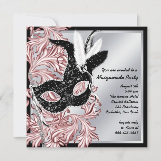Invitación Elegante Fiesta rosado de la mascarada negra (Anverso)