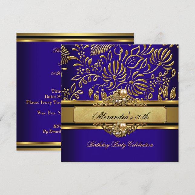 Invitación Elegante Fiesta Royal Blue Gold Damask Pearl (Anverso / Reverso)