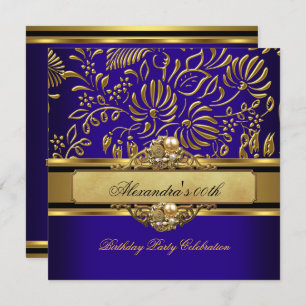 Invitación Elegante Fiesta Royal Blue Gold Damask Pearl