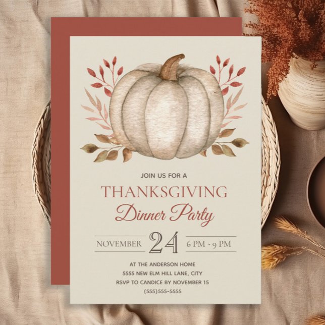 Invitación Elegante Fiesta Rústico de la Cena de Acción de Gr (White pumpkin burnt orange Thanksgiving Dinner invitation)