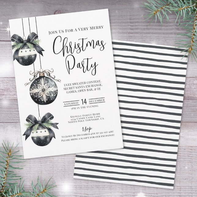 Invitación Elegante Fiesta simple de Navidades blancos negros (Elegant Simple Black White Christmas Party Invitat Invitation)