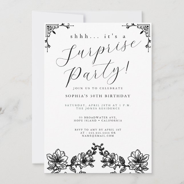 Invitación Elegante Fiesta sorpresa de escritura negra (Anverso)