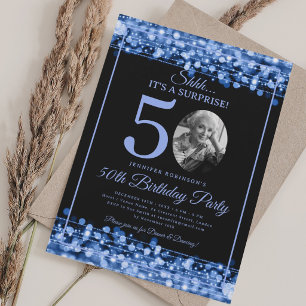 Invitación Elegante FIESTA Sorpresa Foto 50 Cumpleaños Azul