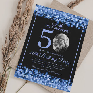 Invitación Elegante FIESTA Sorpresa Foto 50 Cumpleaños Azul