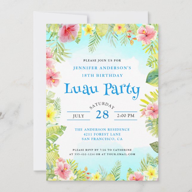 Invitación Elegante fiesta tropical de cumpleaños de Luau (Anverso)
