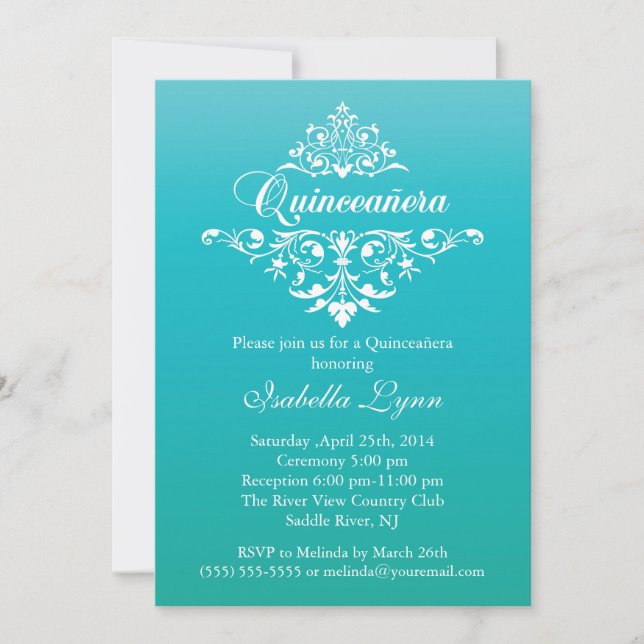 Invitación Elegante Fiesta Turquesa Azul Ombre Quinceañera (Anverso)