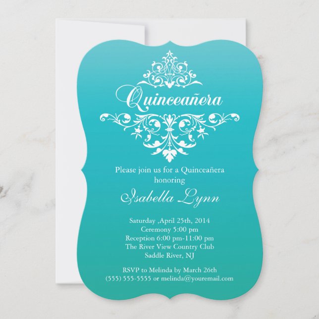 Invitación Elegante Fiesta Turquesa Azul Ombre Quinceañera (Anverso)