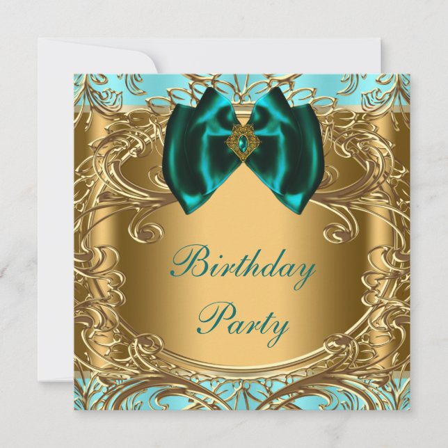 Invitación Elegante fiesta Verde azulada de cumpleaños azul y (Anverso)