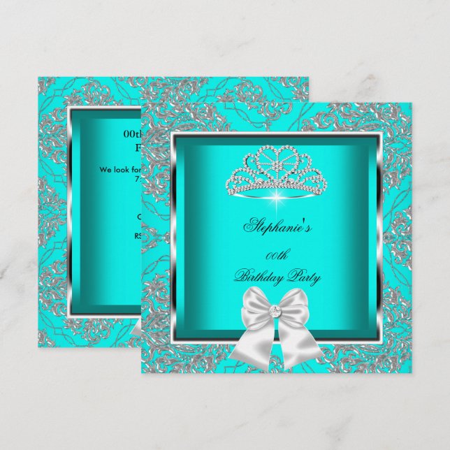 Invitación Elegante fiesta Verde azulada de cumpleaños platea (Anverso / Reverso)