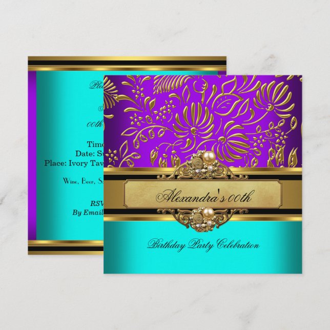 Invitación Elegante fiesta Verde azulada Purple Gold Damask d (Anverso / Reverso)