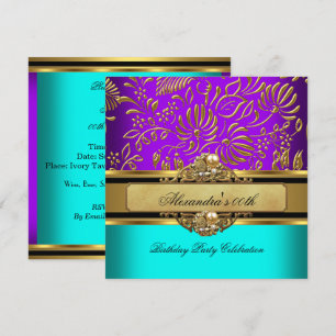 Invitación Elegante fiesta Verde azulada Purple Gold Damask d