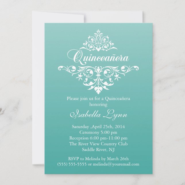 Invitación Elegante Fiesta Verde azulado Azul Ombre Quinceañe (Anverso)