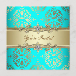Invitación Elegante Fiesta Verde azulado de Damasco de Oro