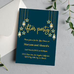 Invitación Elegante Fiesta Verde azulado de Iftar azul y oro