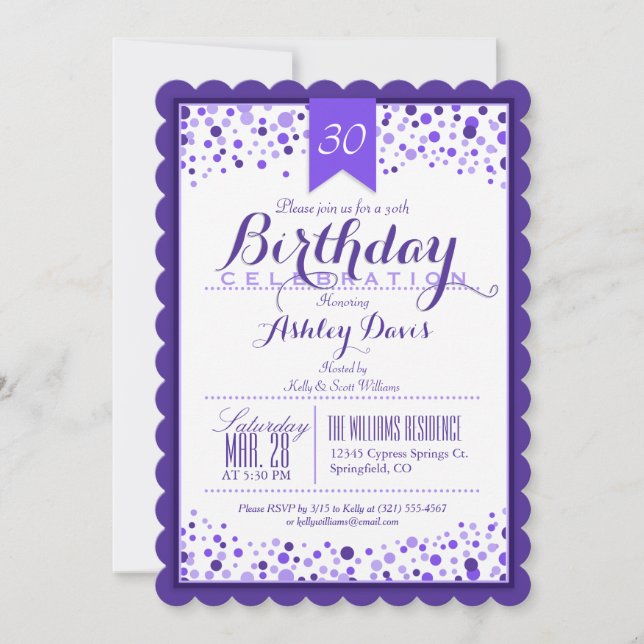 Invitación Elegante Fiesta violeta morado blanco 30 cumpleaño (Anverso)