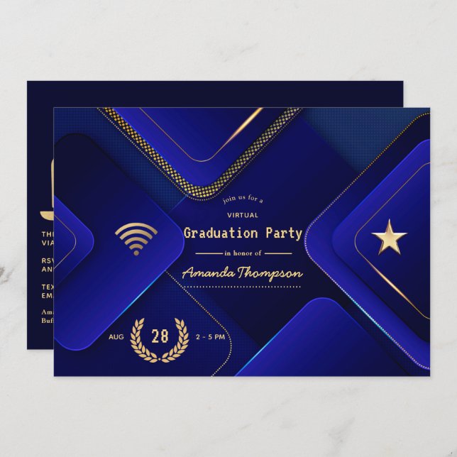 Invitación Elegante fiesta virtual de graduación azul y oro (Anverso / Reverso)