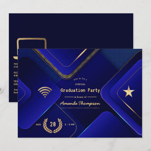 Invitación Elegante fiesta virtual de graduación azul y oro