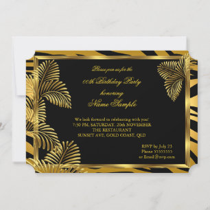 Invitación Elegante Fiesta Zebra Black Gold Golden Palm