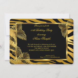 Invitación Elegante Fiesta Zebra Black Gold Golden Palm