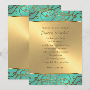 Invitación Elegante Filigrana Dorada y Verde Aqua para Bat Mi