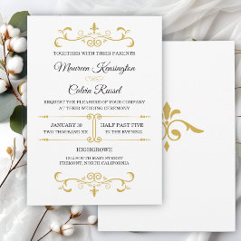 Invitación Elegante filigrí dorado sobre blanco, Boda