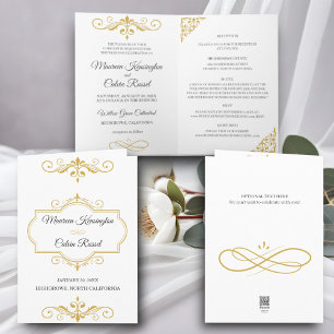 Invitación Elegante filigrí dorado sobre blanco, Boda