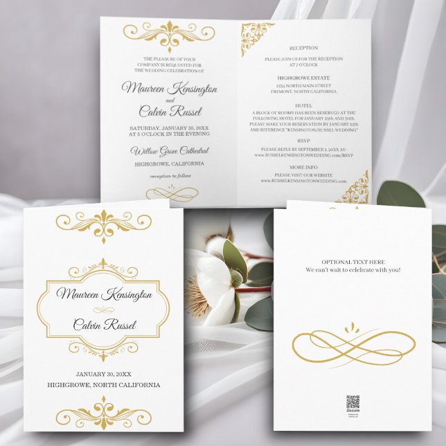 Invitación Elegante filigrí dorado sobre blanco, Boda (Subido por el creador)