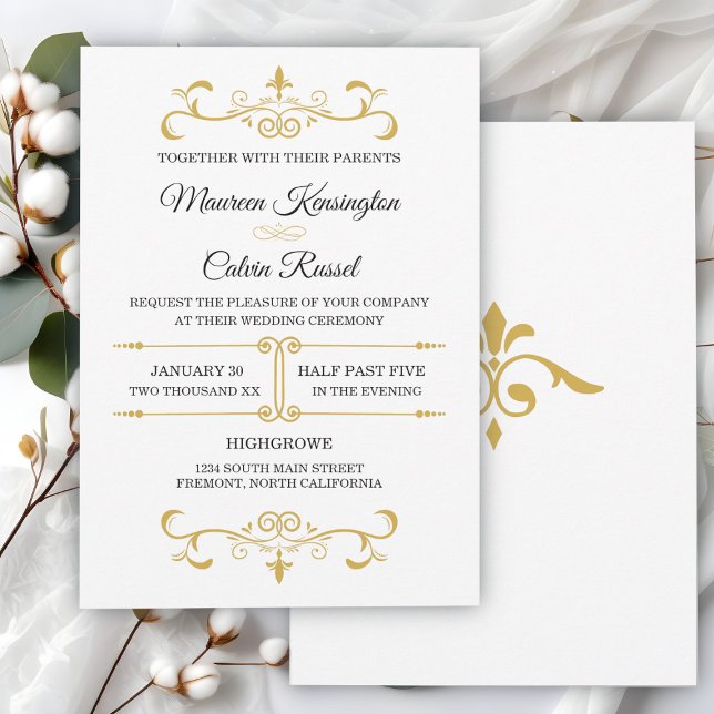 Invitación Elegante filigrí dorado sobre blanco, Boda (Subido por el creador)