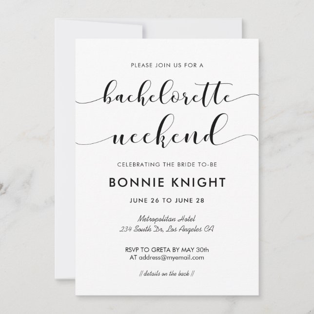 Invitación Elegante fin de semana de soltera blanca y negra (Anverso)