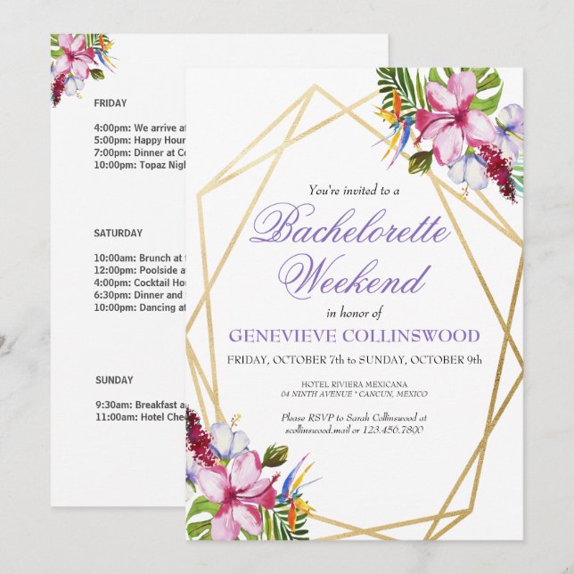 Invitación Elegante fin de semana de soltera tropical púrpura (Anverso / Reverso)
