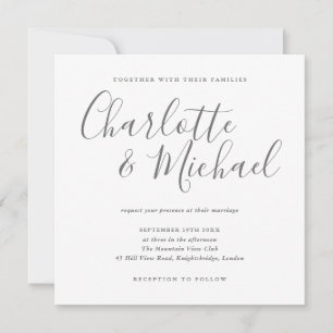 Invitación Elegante firma de escritura gris y blanca boda